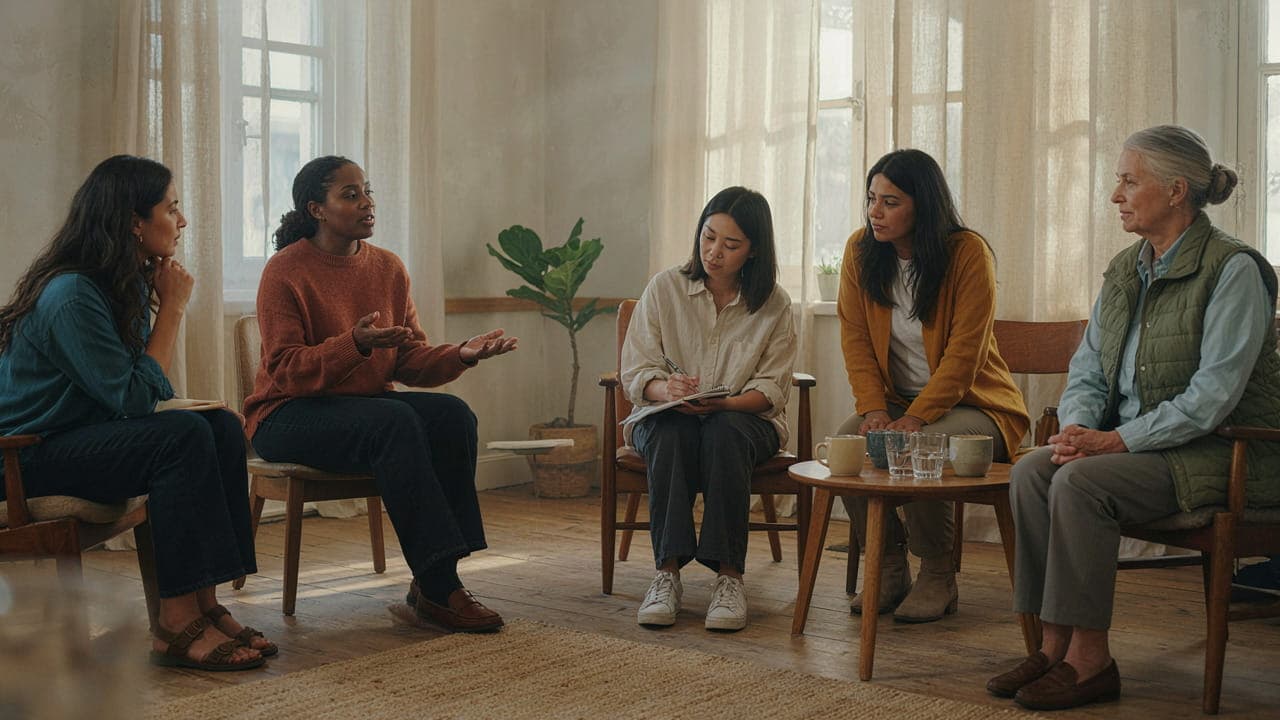 Members seated in a circle, deep in conversation